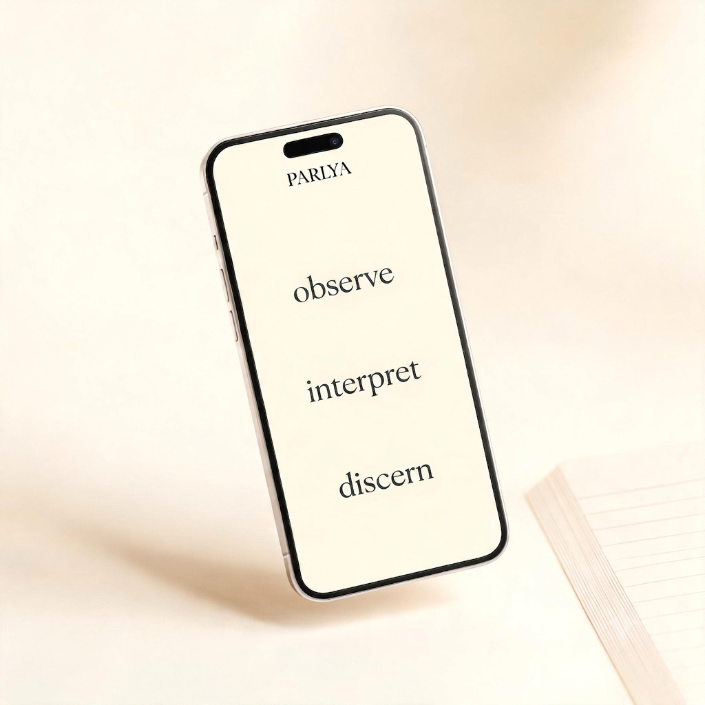 Premium editorial mockup of the PARLYA app on mobile.