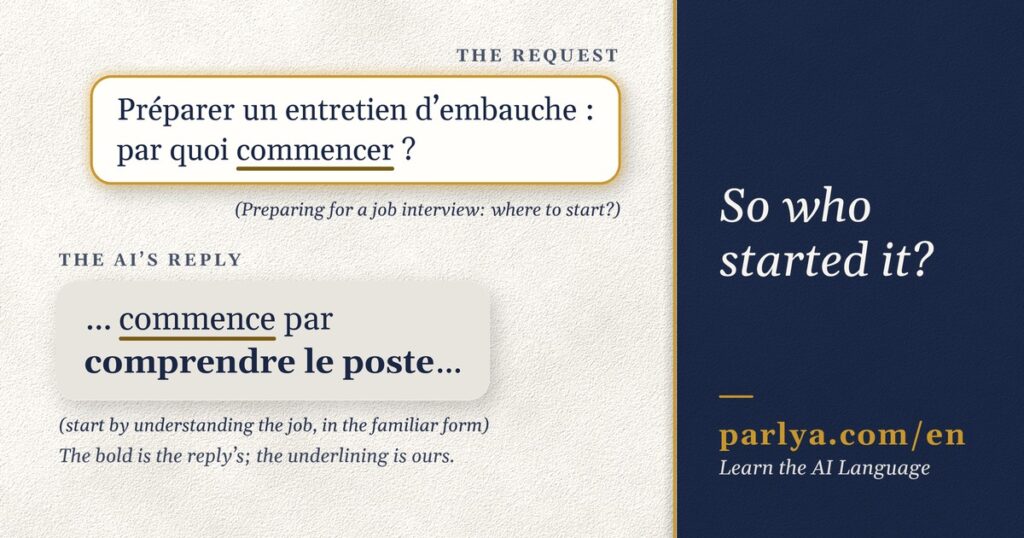 A request typed to an AI in French, “Préparer un entretien d’embauche : par quoi commencer ?” (Preparing for a job interview: where to start?), and the start of its reply, “commence par comprendre le poste” (start by understanding the job, in the familiar form), with the question “So who started it?” and the address parlya.com/en.